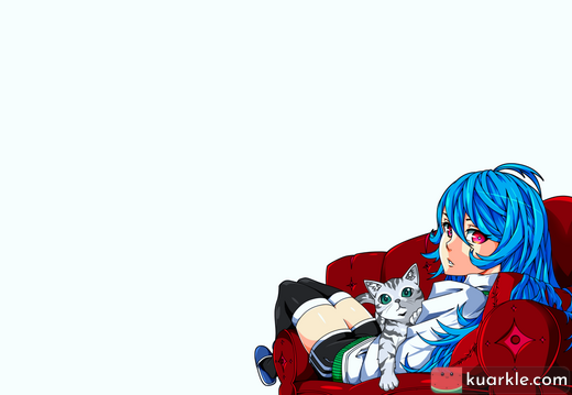 Cute anime girl on the couch with a cat wallpaper